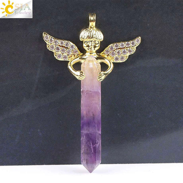 Natural Stone Hexagonal Prism Pendant Necklace With Rhinestone Angel Wing Alloy Chain Minimalist Crystal Jewelry