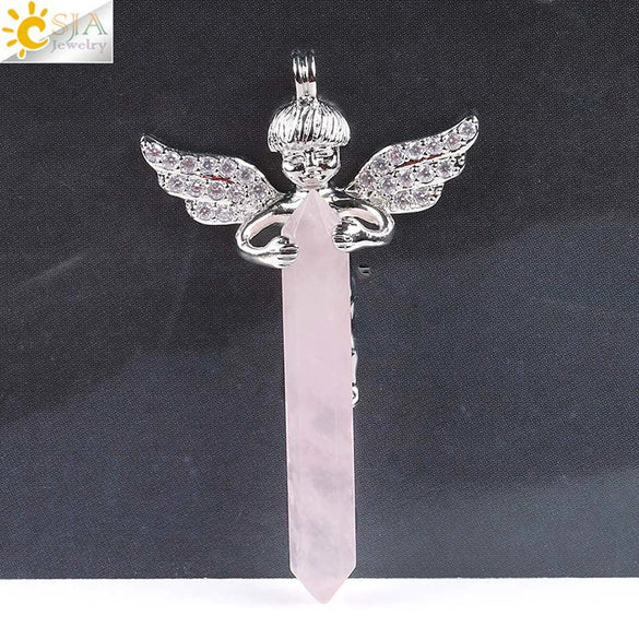 Natural Stone Hexagonal Prism Pendant Necklace With Rhinestone Angel Wing Alloy Chain Minimalist Crystal Jewelry