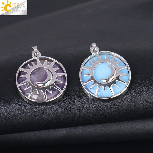 Natural Stone Hollow Moon And Sun Pendant Necklace Semi Precious Crystal Jewelry With Copper Accessories Minimalist Style