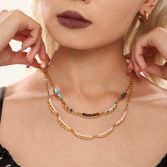 Natural Stone Imitation Pearl Handmade Beaded Light Luxury Women's Necklace And Bracelet With Electroplating