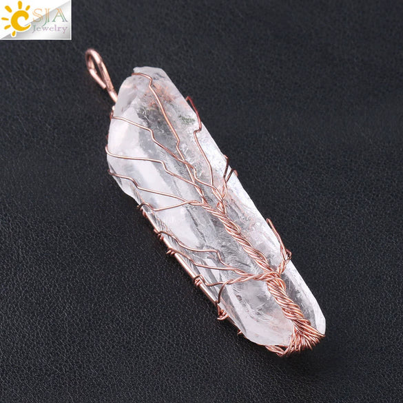 Natural Stone Irregular Crystal Column Pendant Necklace Rose Gold Tone Handmade Wrapped Minimalist Aura White Crystal Necklace