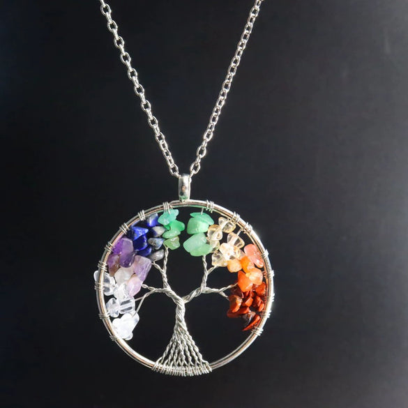 Natural Stone Jewelry Handmade Crystal Gravel Fortune Tree Pendant Necklace With Geometric Pattern