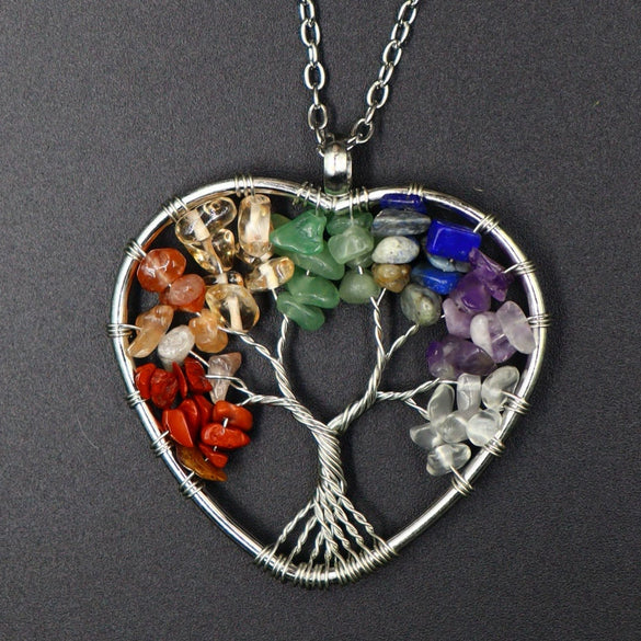 Natural Stone Jewelry Handmade Crystal Gravel Fortune Tree Pendant Necklace With Geometric Pattern
