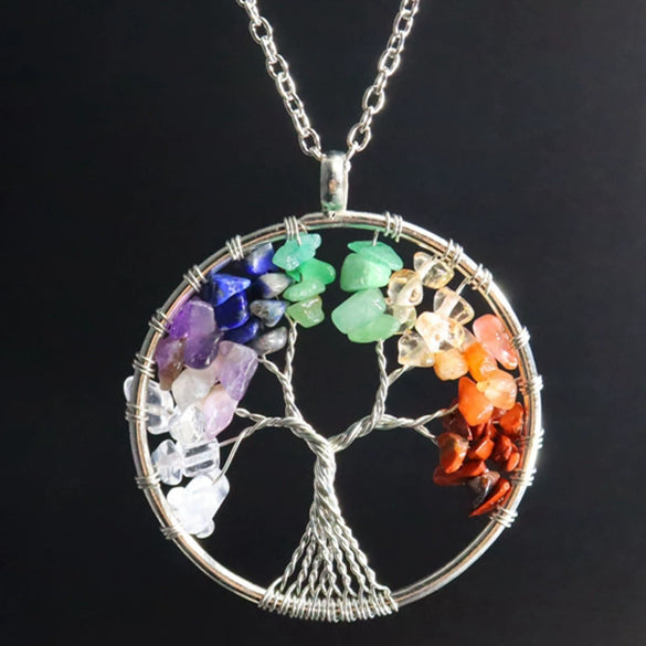 Natural Stone Jewelry Handmade Crystal Gravel Fortune Tree Pendant Necklace With Geometric Pattern