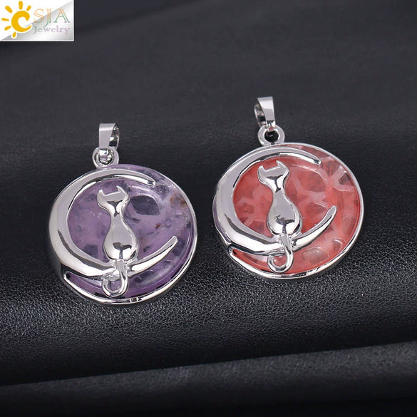 Natural Stone Kitten And Moon Pendant Hollow Back Alloy Crystal Necklace Pendant Minimalist Animal Jewelry For Women
