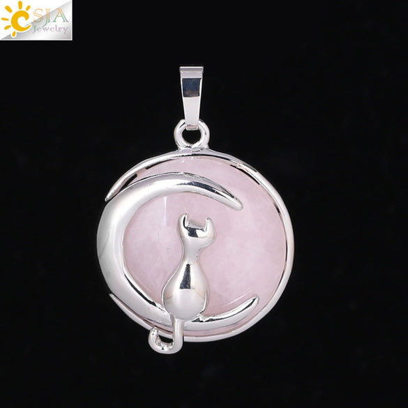 Natural Stone Kitten And Moon Pendant Hollow Back Alloy Crystal Necklace Pendant Minimalist Animal Jewelry For Women