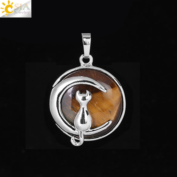 Natural Stone Kitten And Moon Pendant Hollow Back Alloy Crystal Necklace Pendant Minimalist Animal Jewelry For Women