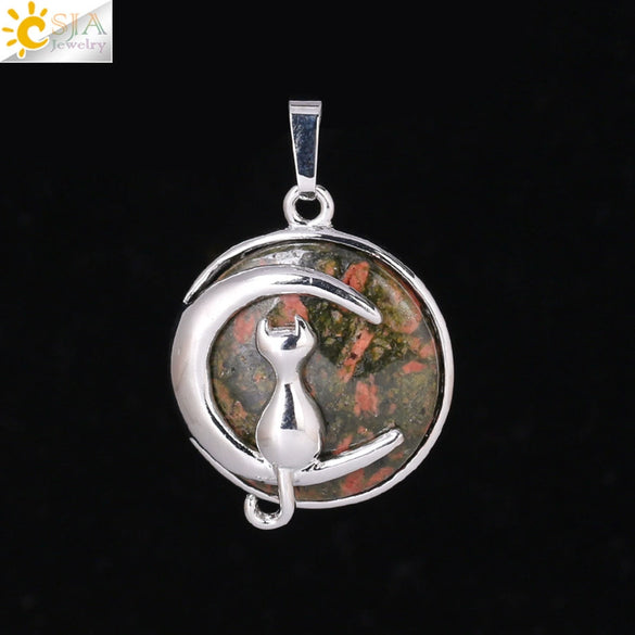Natural Stone Kitten And Moon Pendant Hollow Back Alloy Crystal Necklace Pendant Minimalist Animal Jewelry For Women