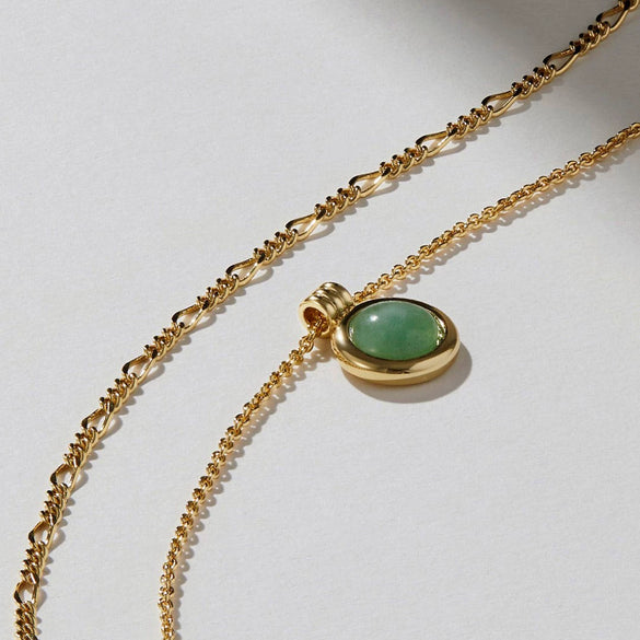 Natural Stone Necklace Green Aventurine Copper Geometric Style Doublelayered Figaro Chain 24K Real Gold