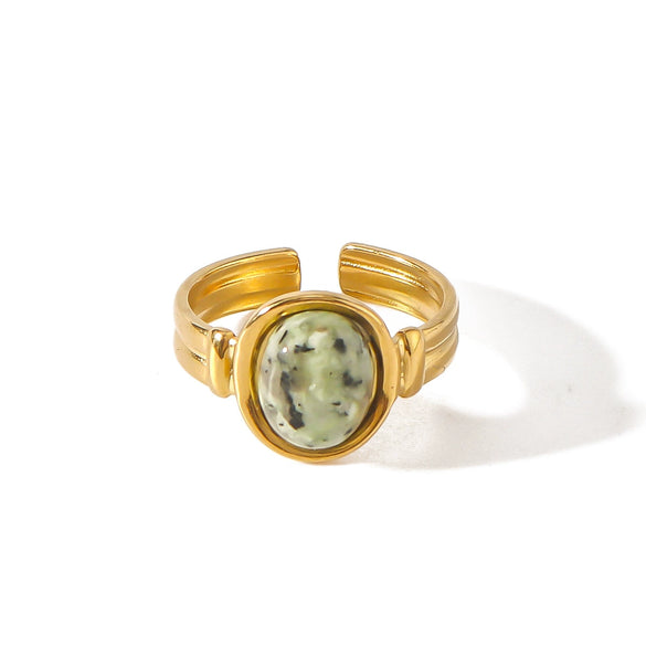 Natural Stone Open Stainless Steel Ring With Geometric Pattern Retro Style Non Fading Electroplated With 18K Vacuum Plating In Furnace Light Luxury For Women