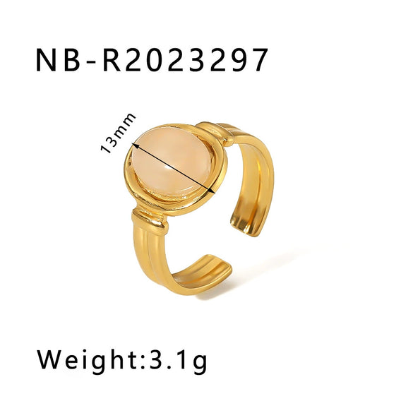 Natural Stone Open Stainless Steel Ring With Geometric Pattern Retro Style Non Fading Electroplated With 18K Vacuum Plating In Furnace Light Luxury For Women