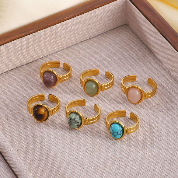 Natural Stone Open Stainless Steel Ring With Geometric Pattern Retro Style Non Fading Electroplated With 18K Vacuum Plating In Furnace Light Luxury For Women