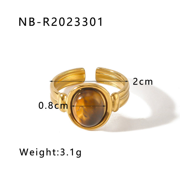 Natural Stone Open Stainless Steel Ring With Geometric Pattern Retro Style Non Fading Electroplated With 18K Vacuum Plating In Furnace Light Luxury For Women