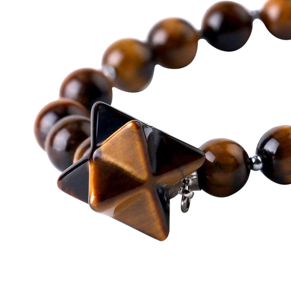 Natural Stone Pink Tiger Eye And Obsidian Merkaba Star Beaded Bracelet Polished Minimalist Women's Bracelet