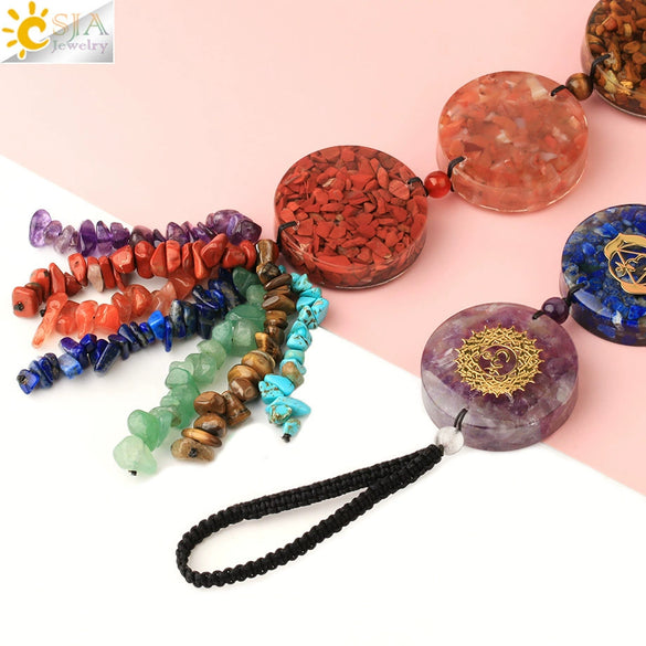 Natural Stone Style Colorful Crystal Car Hanging Pendant With Flat Round Resin Gravel And Short Tassel Dripping Glue Ornament