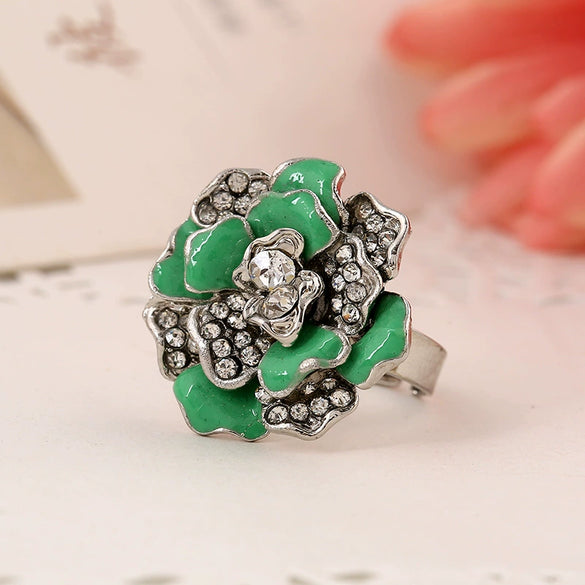 Natural Style Alloy Flower Ring With Diamond Look Rose Design Drop Oil Finish And Adjustable Open Band