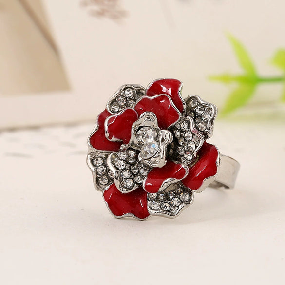Natural Style Alloy Flower Ring With Diamond Look Rose Design Drop Oil Finish And Adjustable Open Band