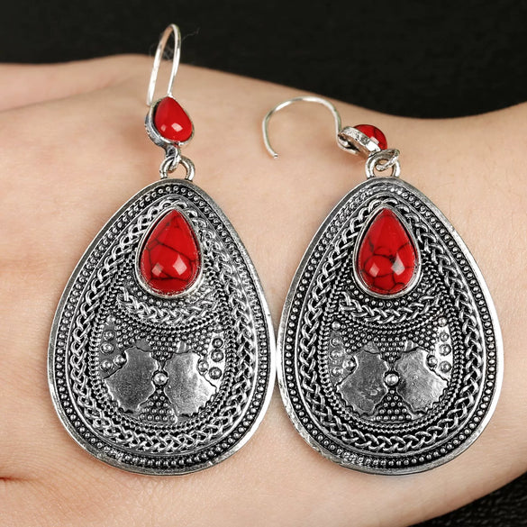 Natural Style Electroplated Metal Drop Earrings With Red Pine Gem Retro Court Inspired Statement Jewelry