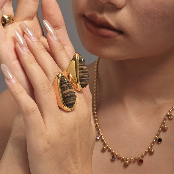 Natural Wood Grained Stone Drop Ring For Women Light Luxury Ring Jewelry Plated With 18K Real Gold Electroplated Stainless Steel