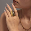 Natural Wood Grained Stone Drop Ring For Women Light Luxury Ring Jewelry Plated With 18K Real Gold Electroplated Stainless Steel
