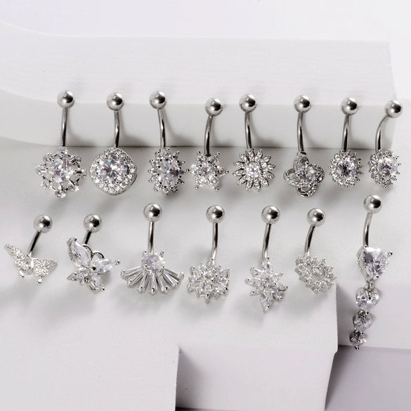 Navel Ring Stainless Steel Copper Inlaid Zircon Heart Shaped Flower Unisex Fashion Piercing Ornament