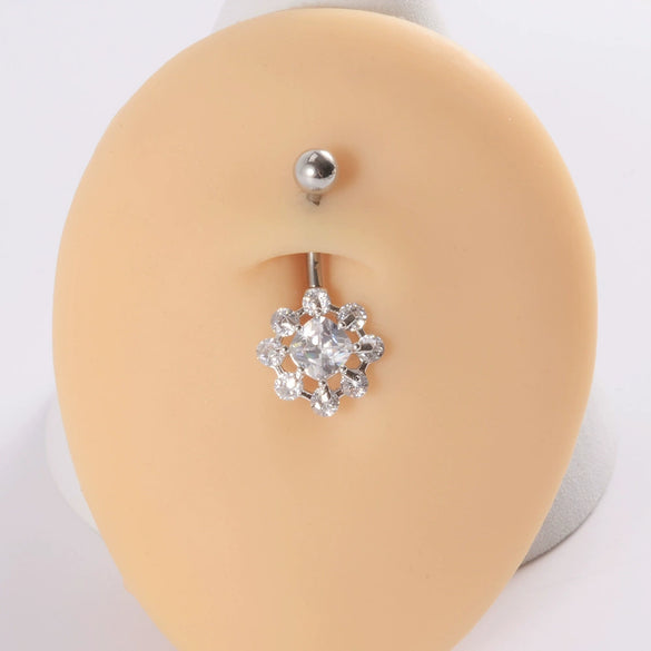 Navel Ring Stainless Steel Copper Inlaid Zircon Heart Shaped Flower Unisex Fashion Piercing Ornament