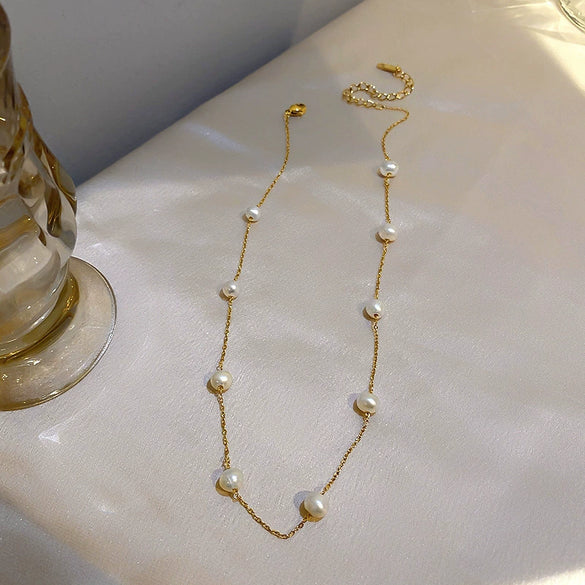 Necklace Alloy Freshwater Pearl Geometric Ball Chain Gold Electroplated