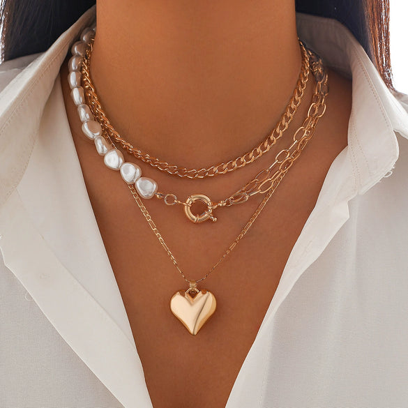 Necklace Alloy Heart Shaped Electroplated Love Stacked Women's Fashion Imitation Pearl Chain