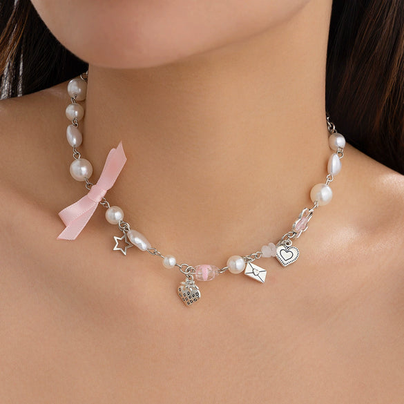 Necklace Alloy Imitation Pearl Sweet Style Bow Strawberry Fivepointed Star Flower Pendant Electroplating