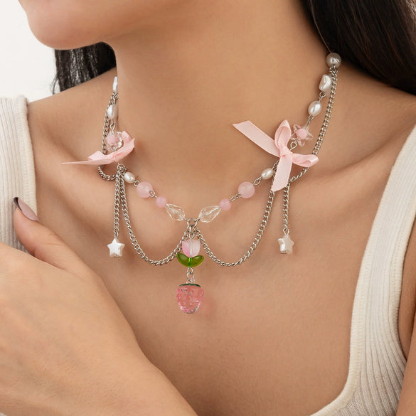 Necklace Alloy Imitation Pearl Sweet Style Bow Strawberry Fivepointed Star Flower Pendant Electroplating
