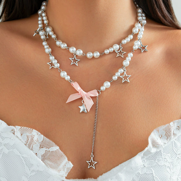 Necklace Alloy Imitation Pearl Sweet Style Bow Strawberry Fivepointed Star Flower Pendant Electroplating