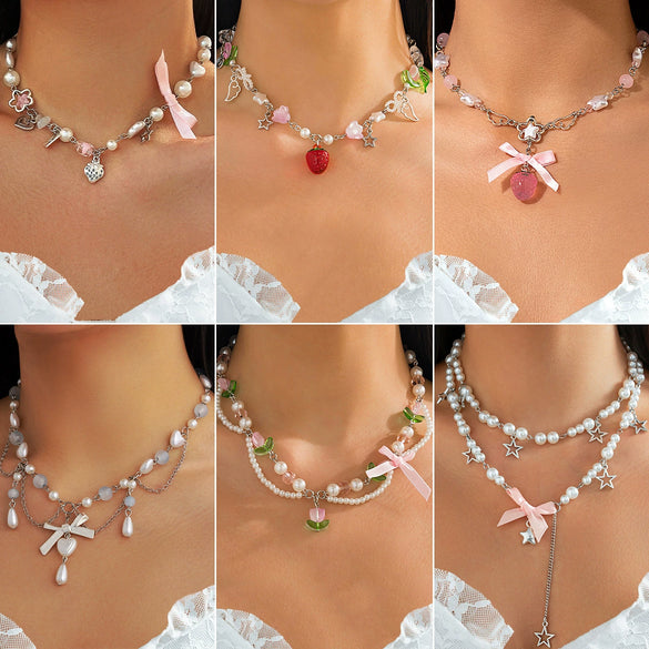 Necklace Alloy Imitation Pearl Sweet Style Bow Strawberry Fivepointed Star Flower Pendant Electroplating