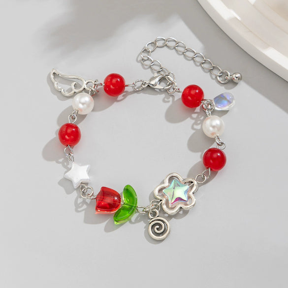 Necklace Alloy Imitation Pearl Sweet Style Bow Strawberry Fivepointed Star Flower Pendant Electroplating