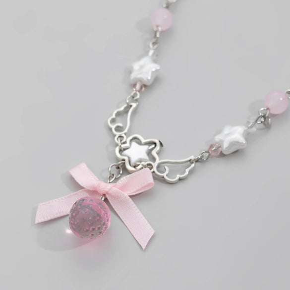 Necklace Alloy Imitation Pearl Sweet Style Bow Strawberry Fivepointed Star Flower Pendant Electroplating