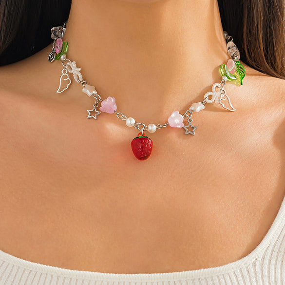Necklace Alloy Imitation Pearl Sweet Style Bow Strawberry Fivepointed Star Flower Pendant Electroplating