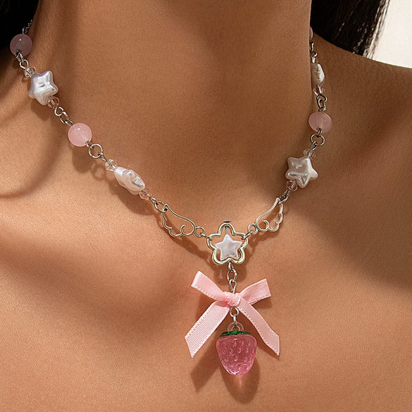 Necklace Alloy Imitation Pearl Sweet Style Bow Strawberry Fivepointed Star Flower Pendant Electroplating