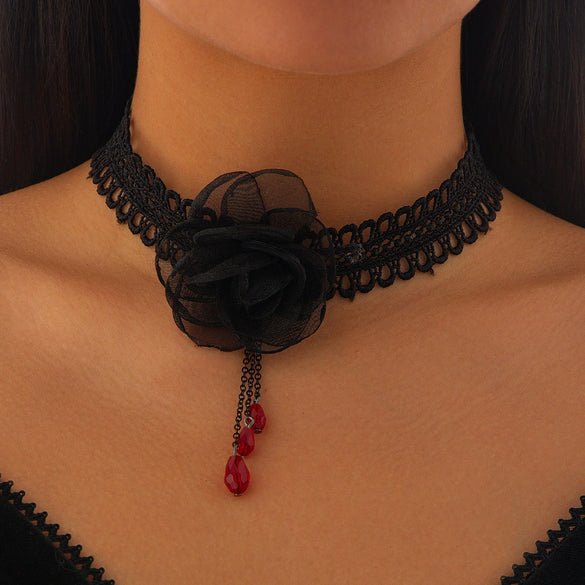 Necklace Alloy Pendant Lace Handmade Chain Dark Style Flower Star Pattern Gothic