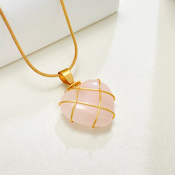 Necklace Alloy Pink Crystal Opal Heart Shaped Electroplated Clavicle Chain For Girls