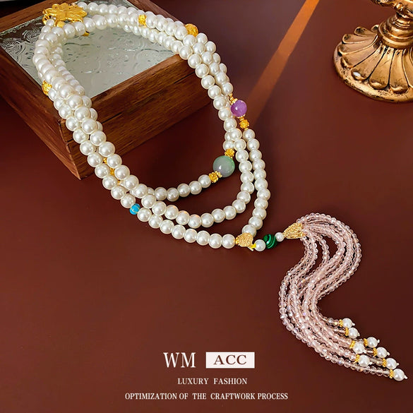 Necklace Alloy Synthetic Crystal Flower Round Beaded Tassel Electroplating For Women