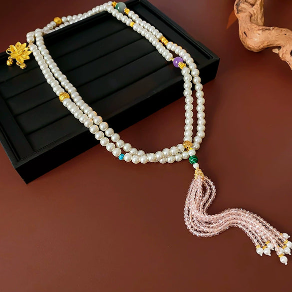 Necklace Alloy Synthetic Crystal Flower Round Beaded Tassel Electroplating For Women