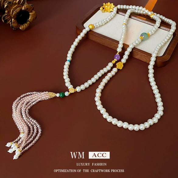 Necklace Alloy Synthetic Crystal Flower Round Beaded Tassel Electroplating For Women