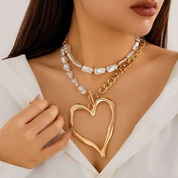 Necklace Aluminum Chain Imitation Pearl Alloy Heart Electroplating Women's