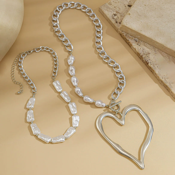 Necklace Aluminum Chain Imitation Pearl Alloy Heart Electroplating Women's