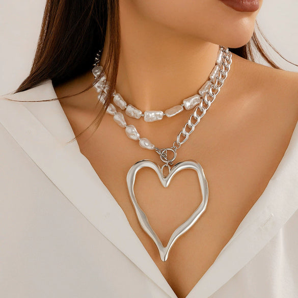Necklace Aluminum Chain Imitation Pearl Alloy Heart Electroplating Women's