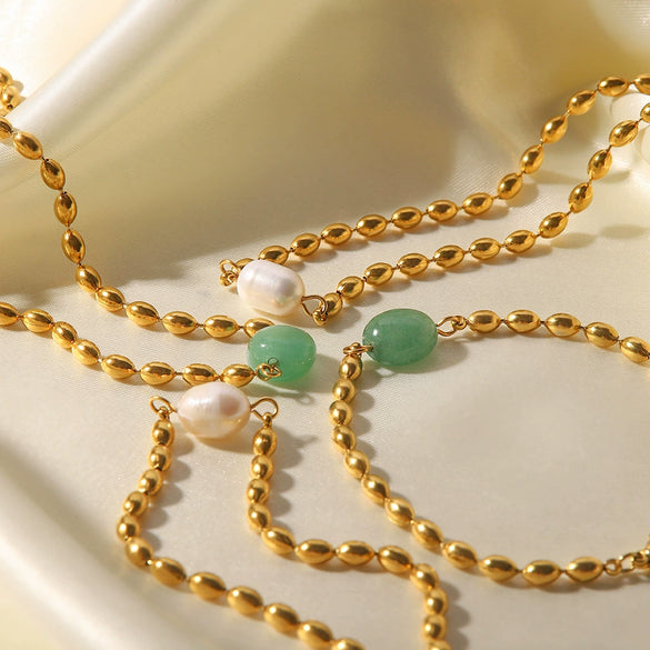 Necklace And Bracelet Stainless Steel Titanium Steel Freshwater Pearl Oval Round Bead Geometric Ball Chain Electroplated