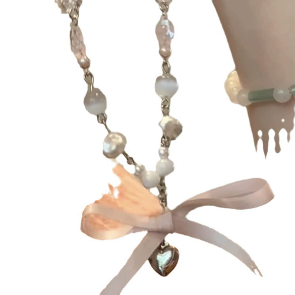 Necklace Artificial Crystal Alloy Heart Bow Handmade Women's Sweet Temperament Clavicle Chain