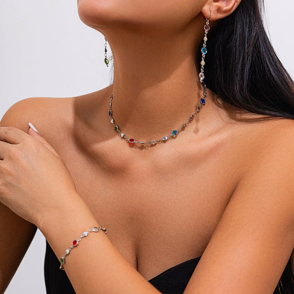 Necklace Artificial Crystal Clavicle Chain Square Peach Heart Geometric Vintage Style