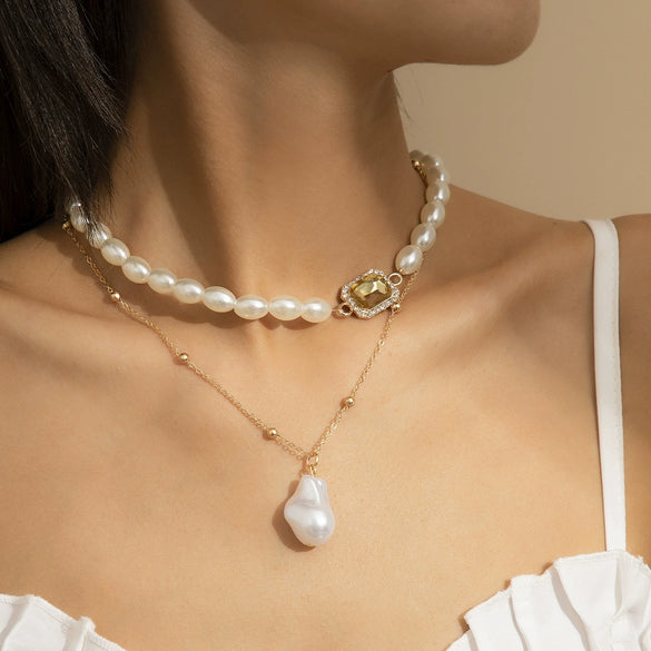 Necklace Artificial Pearl Fine Copper Clad Iron Bead Chain Rhinestone Alloy Geometric Electroplating Cross Chain Style