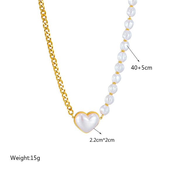 Necklace Beaded Chain Spliced With Pearlescent Love Pearls Titanium Steel Metal Geometric Punk Electroplated
