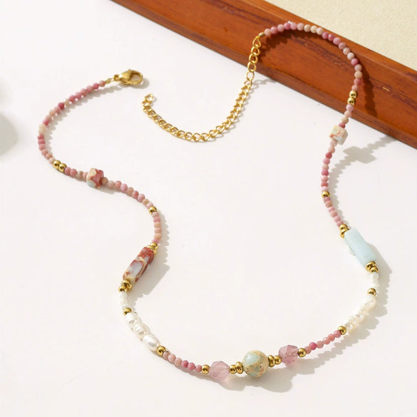 Necklace Beads Natural Pearl Shoushan Stone Geometric Vintage Titanium Steel Electroplated For Women